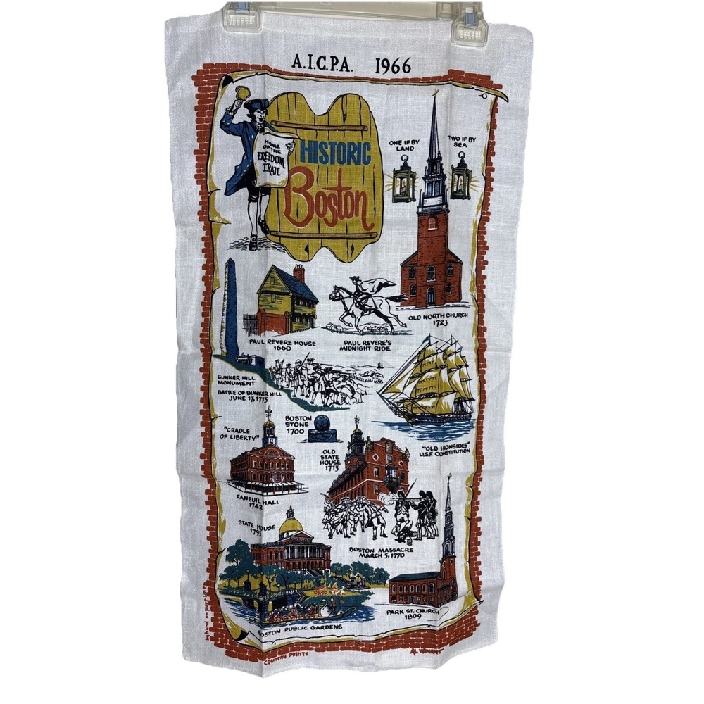 Vintage 1966 Linen Historic Boston Souvenier Tea Towel 16.5"x30" AICPA